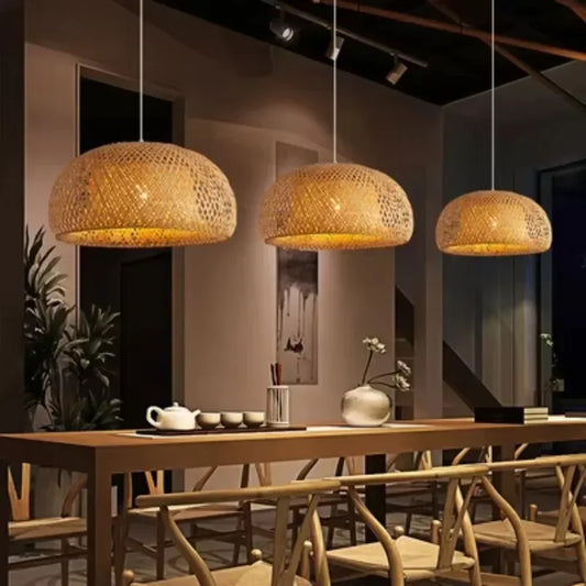 Handwoven Rattan Bamboo Pendant Light – Boho Wicker Ceiling Lamp Shade E27 | 30/38/45cm